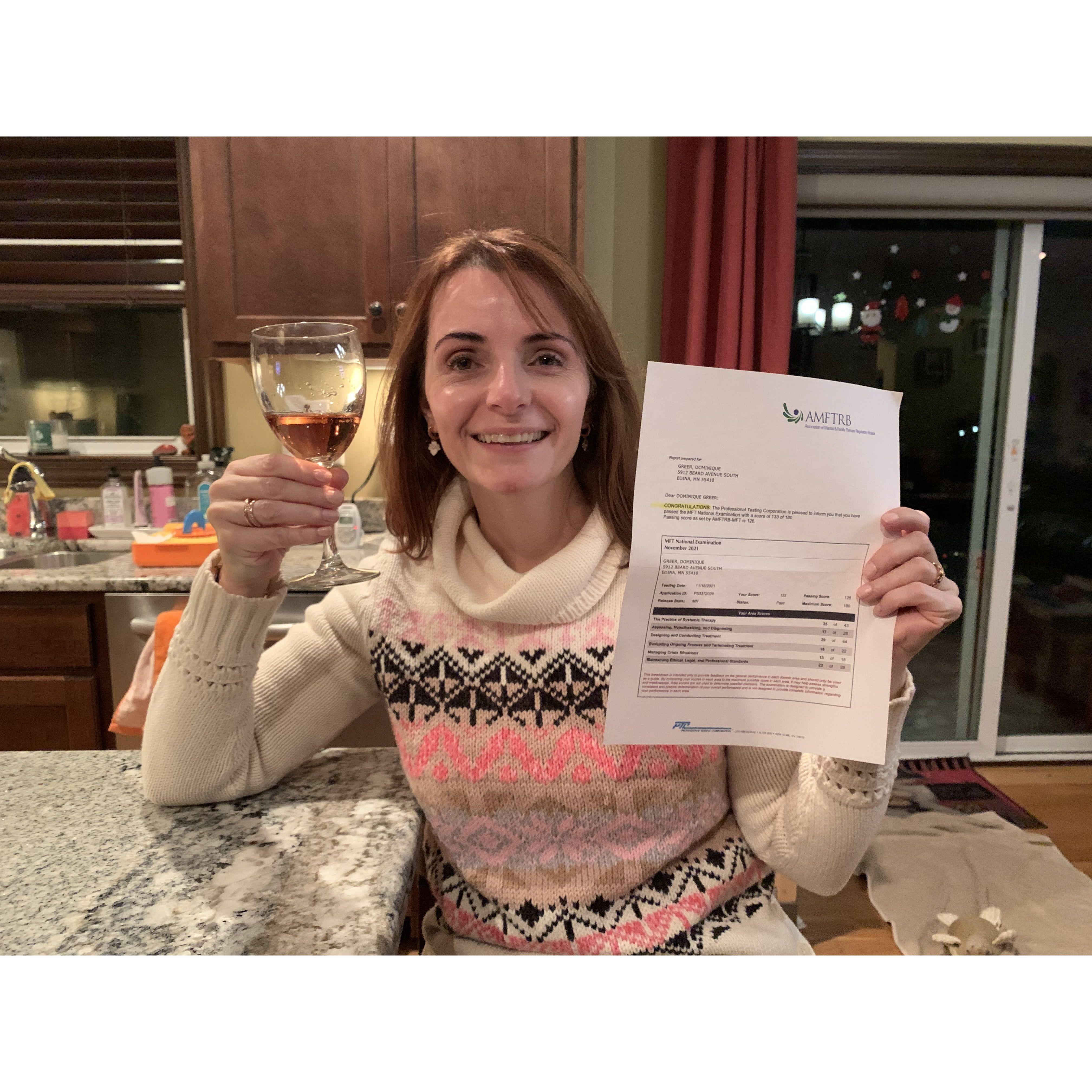 Passing her national exam!