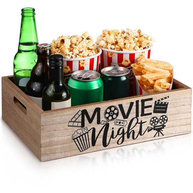 GlikCeil Movie Night Supplies Snack Trays with Handles Reusable Wooden Movie Night Gift Basket for Theater Popcorn Bucket Bowl Box Container Family Room Decor(Rustic Wood)