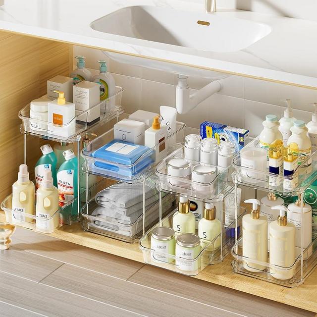 Delamu 4 Pack Bathroom Organizers and Storage, 2 Tier Clear Under Sink Organizer, Pull Out Medicine Cabinet Organizer.
