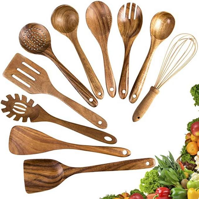 Wooden Cooking Utensils,10 Pack Kitchen Utensils Wooden Spoons for Cooking,Teak Wooden Cooking Spoons Spatula for Nonstick Cookware (10)