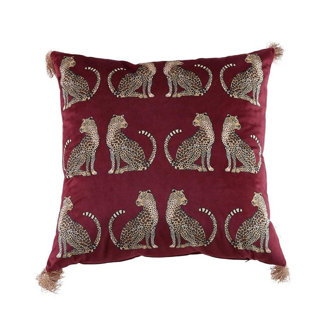 XSlive Lumbar Decorative Throw Pillow Cover with Tassels Leopard Pattern Cushion Cover Luxury Style Soft Velvet Pillowcase for Sofa Couch Bedroom (18"x18",Wine Red)