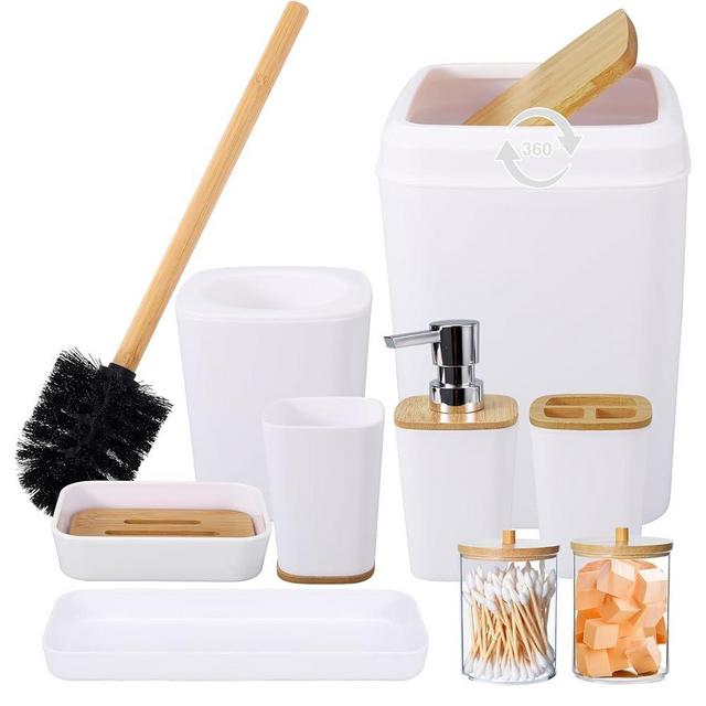 White Bathroom Accessories Set, 9 Piece Bathroom Accessory Set with Trash Can,Toothbrush Holder,Toothbrush Cup,Lotion Soap Dispenser,Vanity Tray,Soap Dish,Toilet Brush,Qtip Holder…