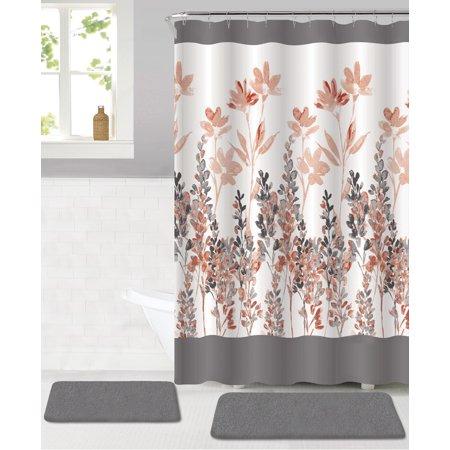 Rodeo Floral 15-Piece Shower Curtain and Bath Rug Set in Grey