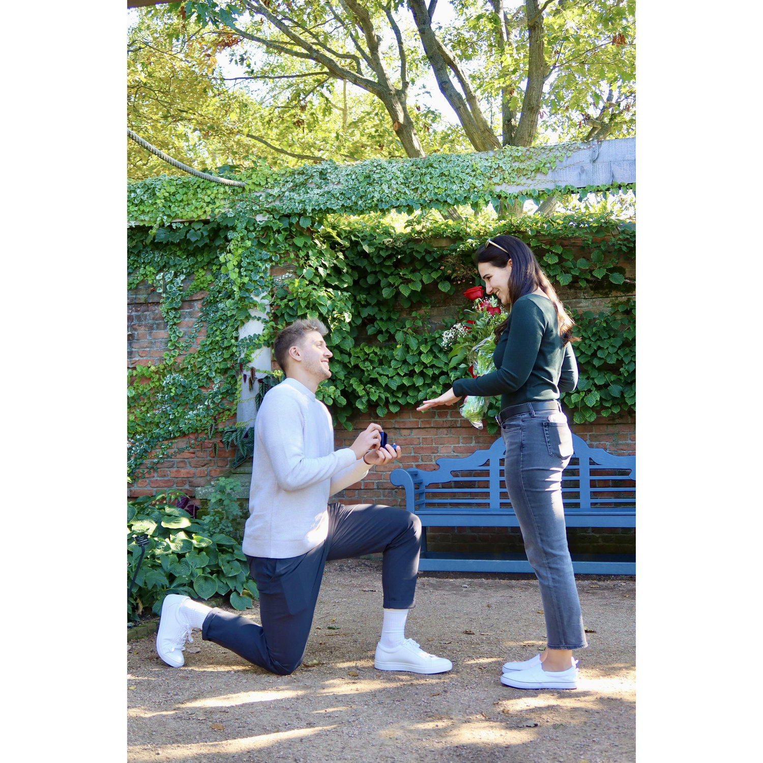 Michael pulled off a surprise proposal on October 19, 2024 at the Chicago Botanic Garden after over 7 years of dating!