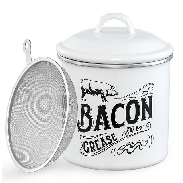46OZ Bacon Grease Saver Container with Fine Strainer & Lid - Enamel & Stainless Steel Oil Keeper Can for Bacon Fat Dripping, Farmhouse Kitchen Gift & Decor, Cooking Accessories, Dishwasher Safe, White