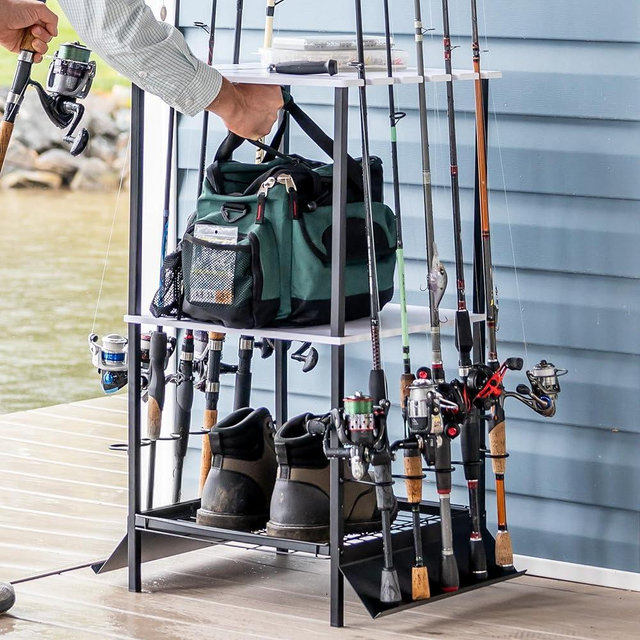 StoreYourBoard Garage Fishing Pole Organizer Holds 10 Fishing Rods, Tackle Box, Poles, Space-Saving Fishing Rod Rack with Shelves, 35 in x 17.75 in x 17.75 in