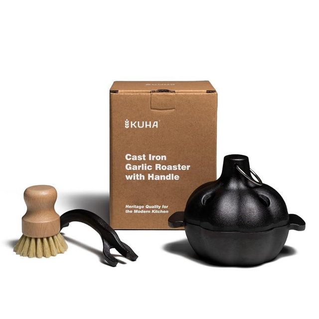 KUHA 5 Inch Cast Iron Garlic Roaster for Oven, Grill & BBQ – Pre-Seasoned Garlic Baker with Vented Lid & Handle - Roast Garlic, Potatoes & Veggies