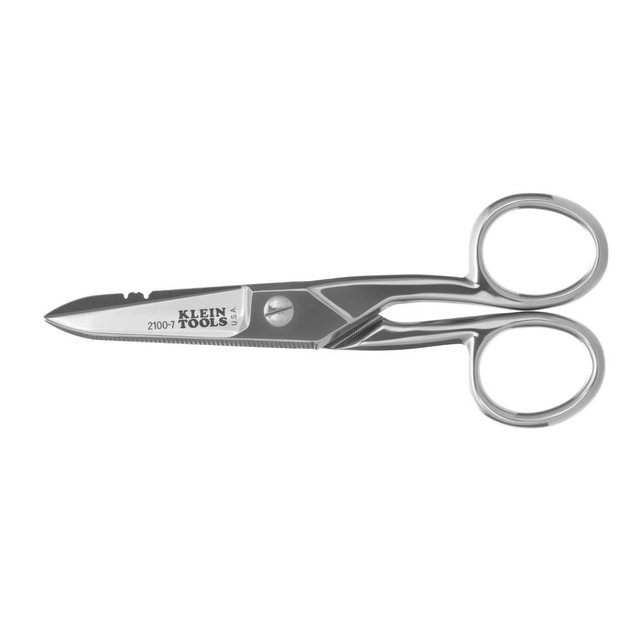 Klein Tools 2100-7 Electrician Scissors, Made in USA, Nickel-Plated Scissors with Stripping Notches, Made in USA, 5.25-Inch Snips for Datacom, Telecom, Electrical and Heavy-Duty Use