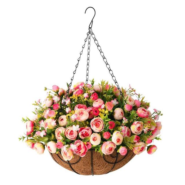Homsunny Artificial Fake Hanging Plants Flowers Basket for Spring Outdoor Decoration,Faux Silk Flowers Realistic UV Resistant in 12 inch Coconut Lining Baskets for Patio Decor(Rose red White)