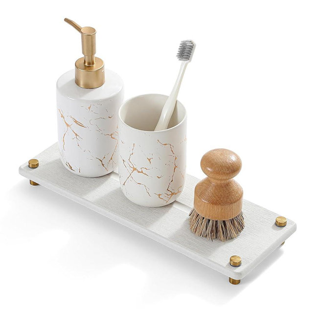 Razborci Water Absorbing Stone Sink Caddy Kitchen Sink Organizer Tray, Diatomite Bathroom Counter Tray, Gold Faucet Drying Mat Coaster Soap Dish Rack Riser Dispenser Sponge Holder, Beige 12.5" x 4.5"