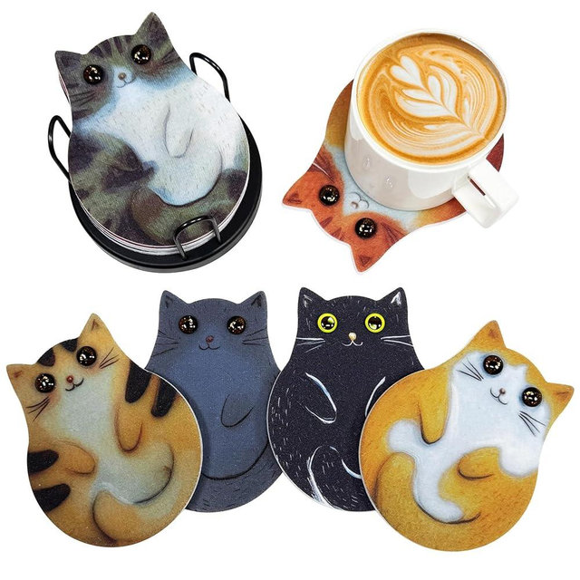 6-Pack Cat Coasters with Holder, Absorbent Felt Coasters with 6 Unique Cat Designs, Non-Slip Scratch Protection for Table, Washable Rustic Coaster Set for Coffee Mug, Housewarming Gift (6PC)
