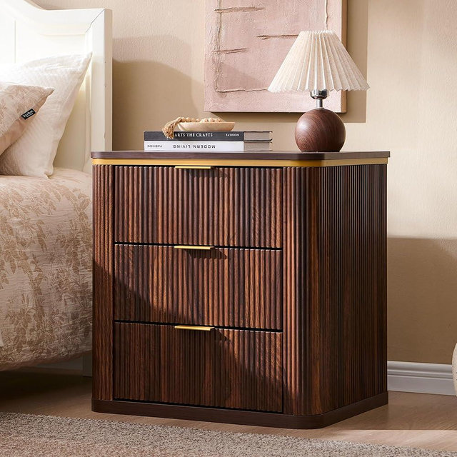 T4TREAM 24" Large Mid Century Modern Fluted Nightstand with 3 Drawers, End Table, Bedside Table for Bedroom, Living Room (Dark Walnut)