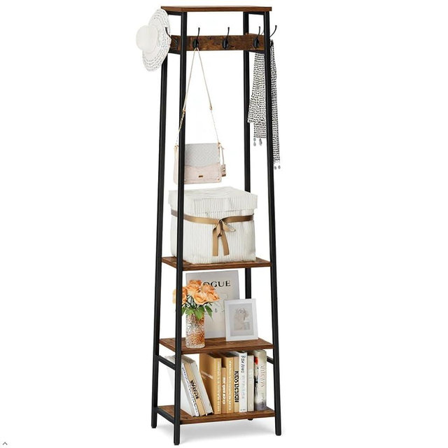 Cerlyunzan Coat Rack Freestanding, Coat Stand with 3 Shelves and 7 Hooks, Hall Tree Free Standing, Clothes Rack Stand Organizer, Industrial Style, Rustic Brown and Black
