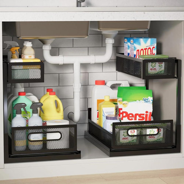 Ufriandz 2 Pack Under Bathroom Sink Organizers and Storage 2-Tier Metal Pull Out Cabinet Organizer with Sliding Out Drawers Space Saving Undersink Slide Out Shelves for Kitchen Pantry, Black