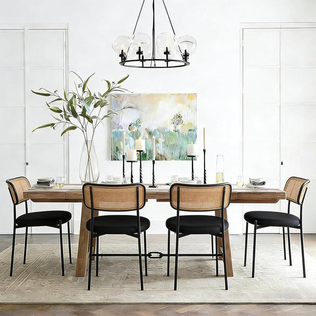 Stabrech Rattan Dining Chairs Set of 4, Mid-Century Modern Chair with Boucle, Kitchen Dining Room Chairs for Living Room with Metal Legs, Round Upholstered Sherpa
