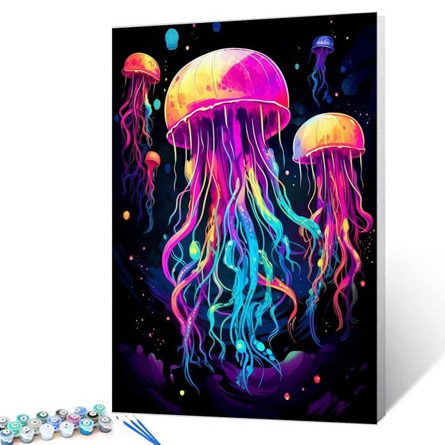 Tucocoo Jellyfish Paint by Numbers Kits 16x20inch Canvas DIY Digital Oil Painting for Adults with Brushes and Acrylic Pigment - Graffiti Colorful Marine Animal Picture for Home Decor (Without Frame)