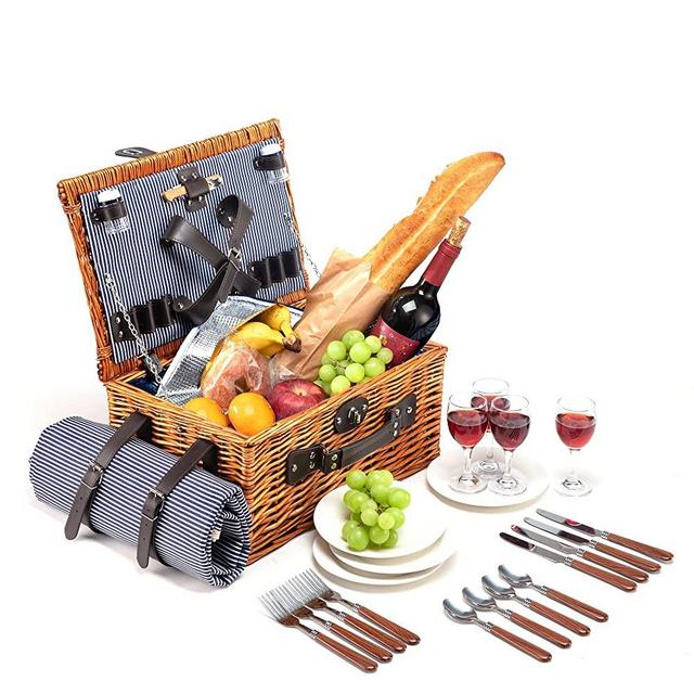 Picnic Basket Set for 4 Person with Food Cooler, Wicker Picnic Hamper with Blue Stripe Lining and Waterproof Picnic Blanket for Family Outdoor Camping Party