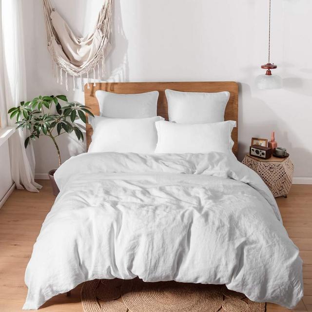 Simple&Opulence 100% Linen Duvet Cover Set with Washed-French Flax-3 Pieces Solid Color Basic Style Bedding Set-Breathable Soft Comforter Cover with 2 Pillowshams(King,White)