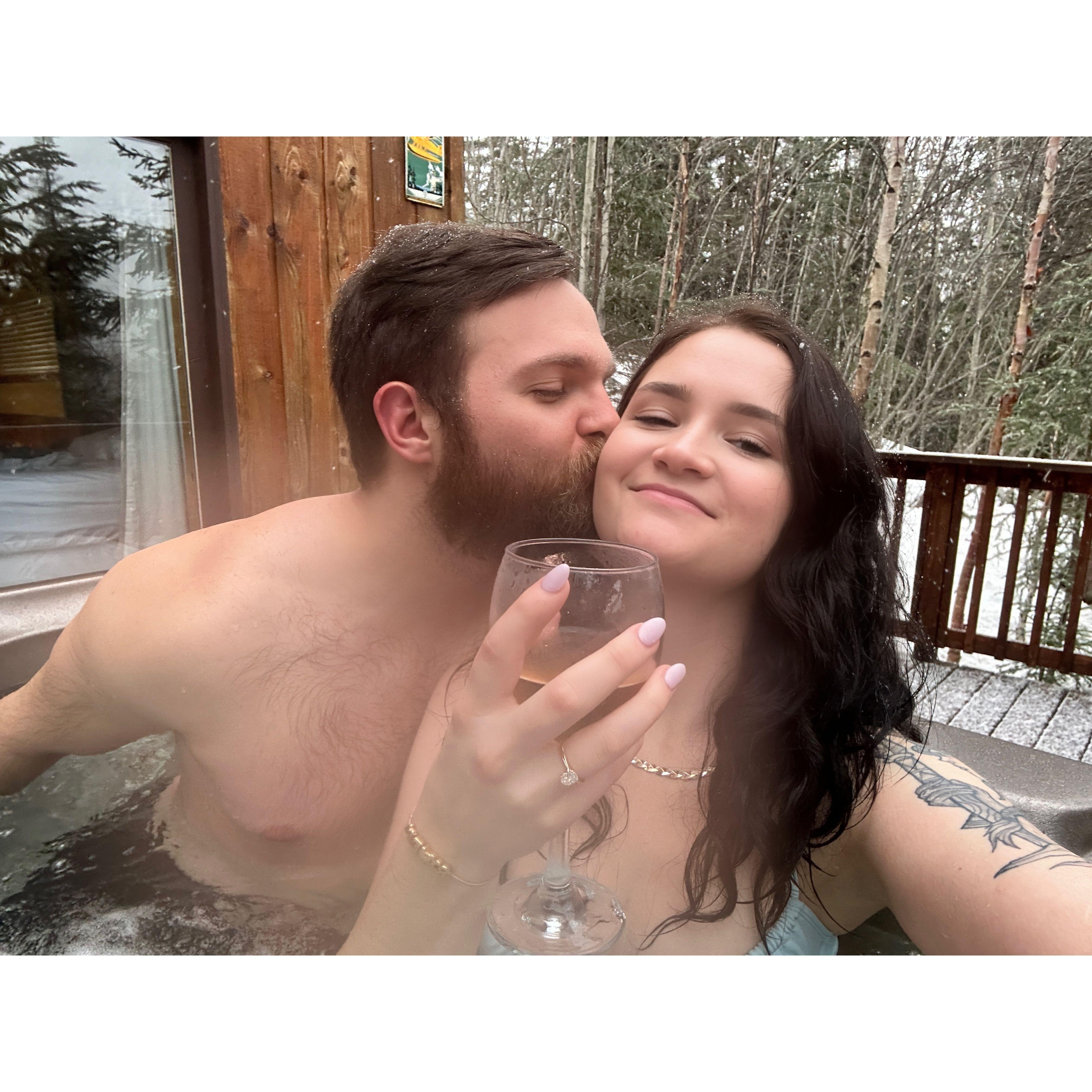 The best thing to do in Alaska right after getting engaged? Hot tub and wine!