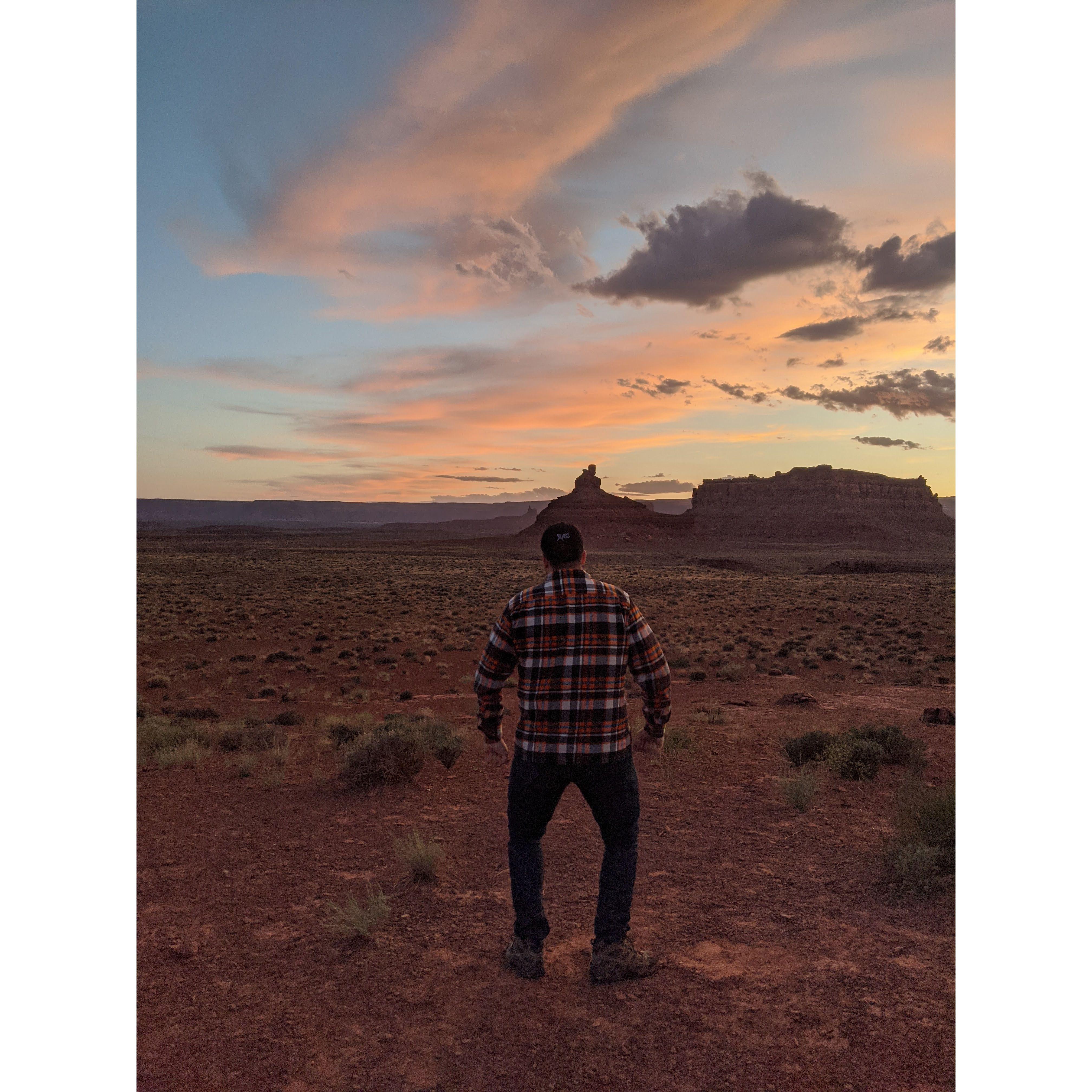 May 2020- Another photo from our camping trip at the Valley of the Gods. We got to experience the most beautiful sunset in the middle of the open desert, having fun goofing around and taking photos.
