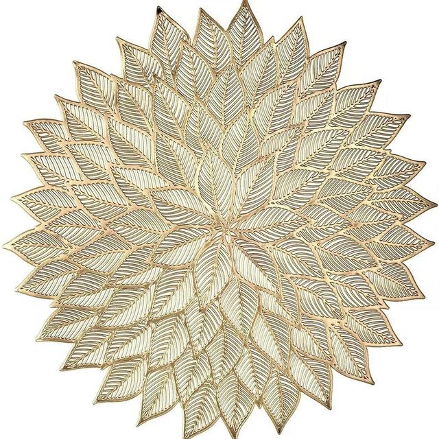 Xmkuwa Placemats 15 inch Pressed Vinyl Round Table Mates for Dining Table Set of 6, Washable and Wipeable Kitchen Place Mat for Holiday Wedding Dinner Table Decoration Mat (Gold E)