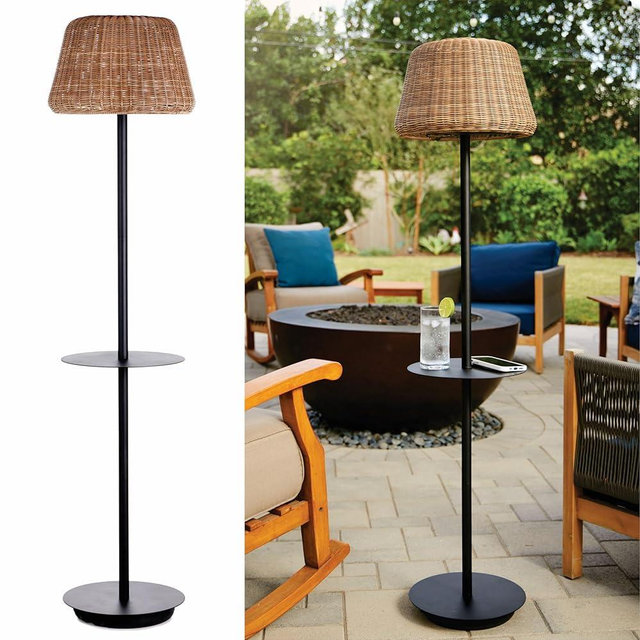 B&R Lighting Solar Outdoor Floor Lamp with Table - Cordless Outdoor Floor Lamp - Patio, Porch, Garden - Rattan Wicker Lights for Outside - Waterproof, Rechargeable, Weatherproof