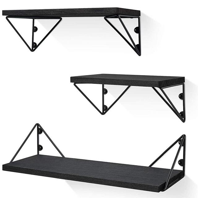 BAYKA Floating Shelves Wall Mounted Set of 3, Rustic Wood Wall Shelves for Living Room, Bedroom, Bathroom,Office Black
