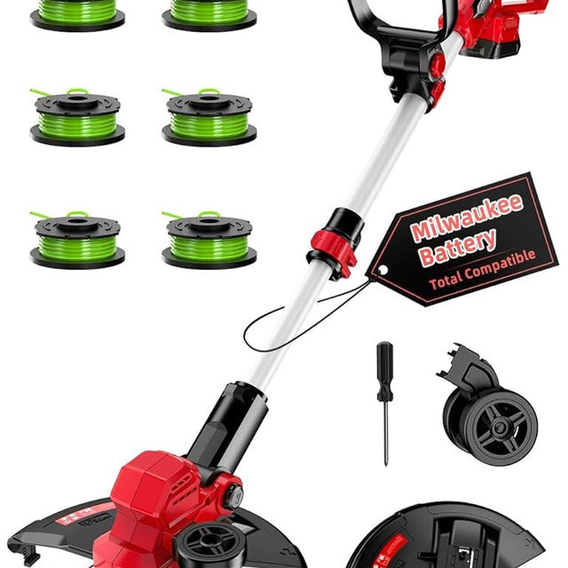 Cordless Weed Wacker, for Milwaukee M18 Battery, 3 IN 1 Battery Powered Weed Eater & Edger & Mower with Auto Line Feed, 20000 RPM 12 Inch Brushless Grass Trimmer, 6 Line Spools String Trimmer for Lawn