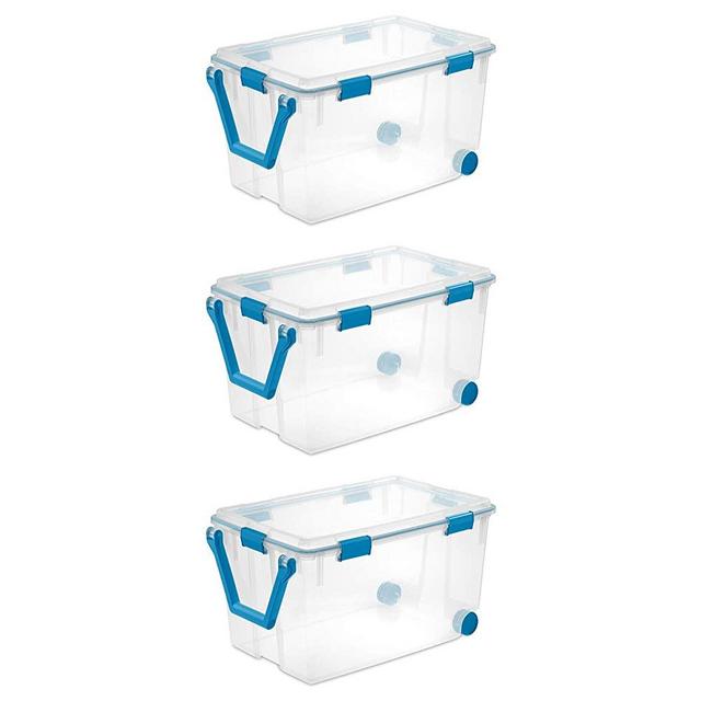Sterilite 120 Quart Clear Plastic Storage Container Box and Lid with Blue Latches and Wheels (3 Pack)