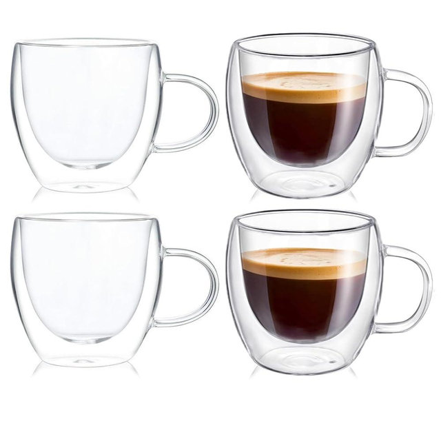 Generic 4-Pack 5 Ounces Double Wall Clear Glass Coffee mugs,5 oz Espresso Cups With Handle,Insulated Mugs,Cappuccino Cups,Tea Cups,Latte Cups,Beverage Glasses Heat Resistant