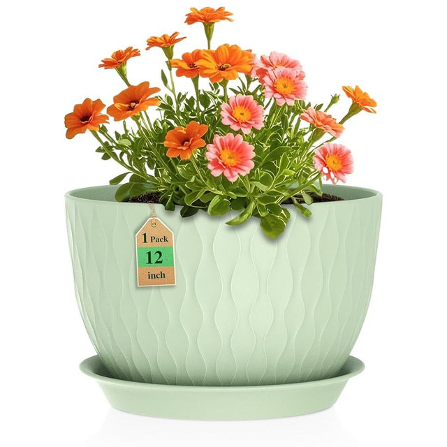 WSMKSZ 12 Inch Large Plant Pots for Indoor or Outdoor Plants, Wide Water Ripples Flower Pots with Drainage Holes & Saucer, Plastic Planters Set for Garden & Home Decor (Green)