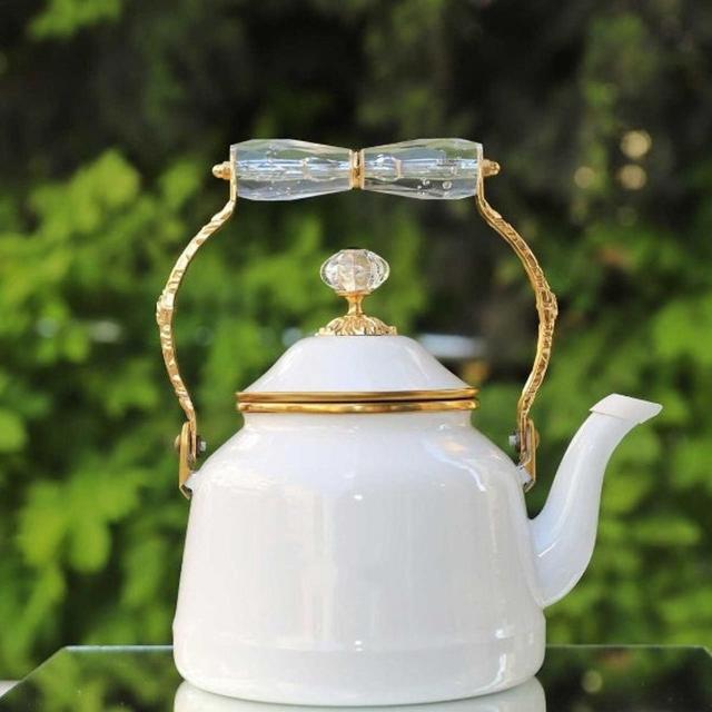Vintage Style Porcelain Enamel Teapot | Tea Maker Gold Handle Kettle Gifts for Women Teaset