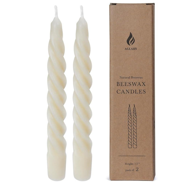 AGLARY 2PCS 7-Inch Pure Beeswax Spiral Taper Candles, Twisted Stick Candles, Dripless & Unscented for Weddings, Christmas, Dinner, Meditation - White