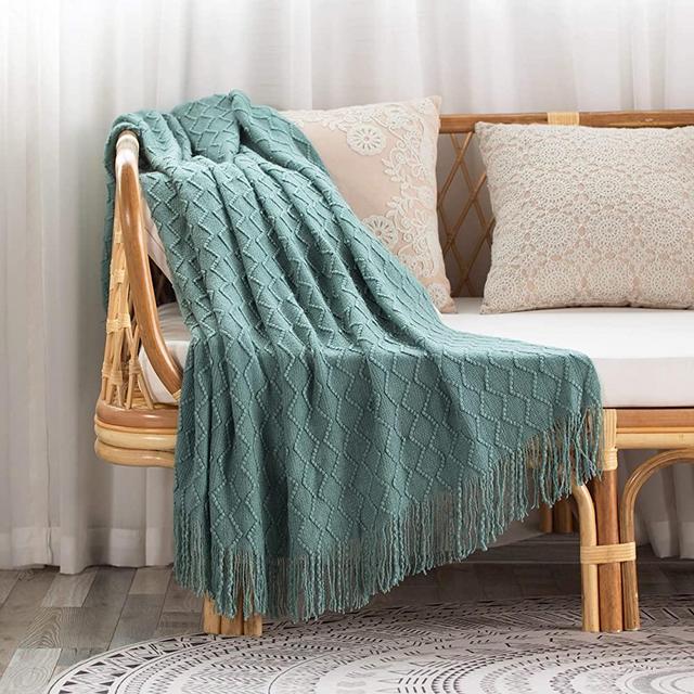 SPAOMY Throw Blanket, Knit Blanket with Tassels, Textured Cozy Lightweight Decorative Throw Blanket for Couch, Bed, Sofa, Travel- All Seasons (50x60 Inch, Blue)