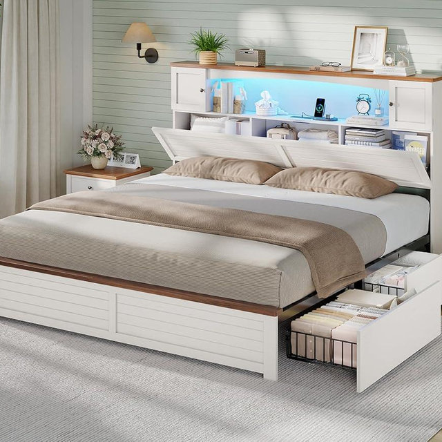 MSmask Farmhouse King Size Bed Frame with Bookcase and Storage Cabinets Headboard, Wood Platform Bed with LED Lights, Charging Station, 4 Drawers, Decoration Footboard, No Box Spring Needed, White