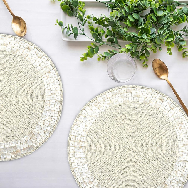 Handmade Beaded Placemat Charger, 13 Inch Round, Set of 2, Beautiful Decorative Dining Table Placemat for Your Dinner Table Décor, Easter, Wedding, Thanksgiving & Everyday Use - Silver Ivory