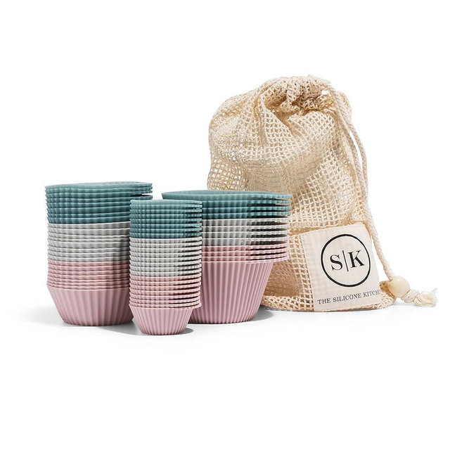 The Silicone Kitchen Reusable Silicone Baking Cups Gift Set Bundle, 24 Regular Baking Cups, 12 Jumbo Baking Cups, 24 Mini Baking Cups, Pink, Blue, Gray