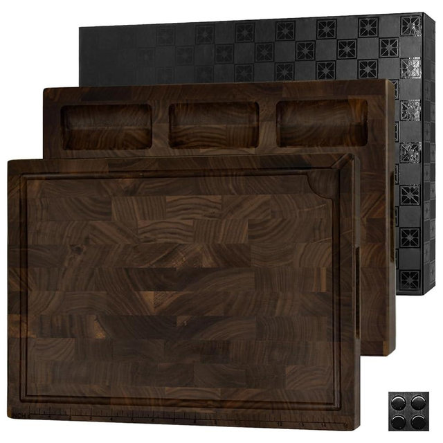 Mitsuharu End Grain Cutting Board, Reversible Large Thick Black Walnut Wood Charcuterie Board Butcher Block 17"x13"x1.5" for Kitchen Use, with Measurements, Juice Groove, Handles, Sorting Compartments