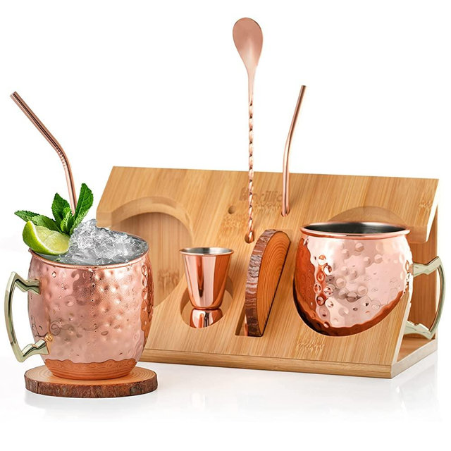 barillio Moscow Mule Mug Set of 2 With Bamboo Stand | Large Size 20 oz copper Cups | Stainless Steel Lining & Pure Copper Plating