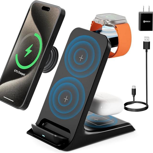 Wireless Charging Station for Thick Cases/Popsocket/Otterbox Up to 10MM,3 in 1 Multiple Devices Apple,Wireless Phone Charger for Fast Qi Wireless Charger Stand for iPhone 15/14/13/Apple Watch/Airpods