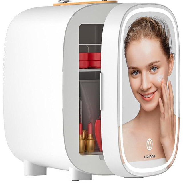 LIGIANT DF01A Skincare Fridge, With 3-Level Dimmable LED Light Mirror, Low Noise Mini Fridge, 4L Large Capacity, Cooler & Warmer, Portable Design for Multiple Uses - Bedroom, Office, and Travel