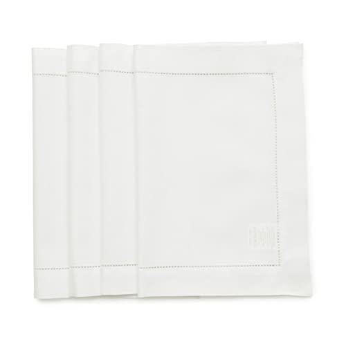 Solino Home Hemstitch Cotton Linen Placemats - 14 x 19 Inch, Set of 4 - Natural Fabric Machine Washable Placemats - Handcrafted with Mitered Corners - White