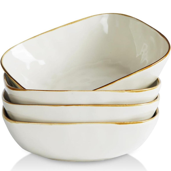 famiware Large Pasta Bowls Set of 4, Ocean Square 8" Bowls, Pasta Serving Bowl Large Dinner Bowls, Kitchen Bowl Set, Microwave and Dishwasher Safe, Scratch Resistant, Vanilla White