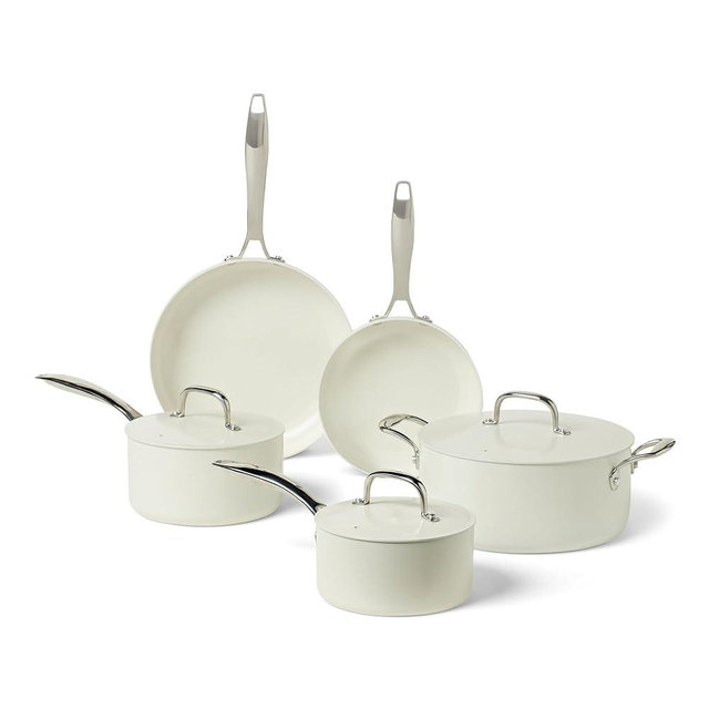 Amazon Basics Ceramic Nonstick Cookware, 8-Piece Set of Pots and Pans, Dishwasher and Oven-Safe, All Cooktop Friendly, Ivory