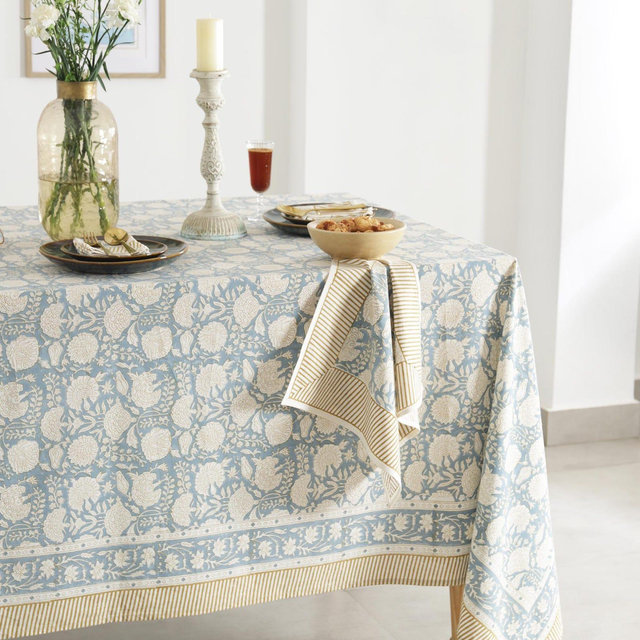 Handcrafted Dusty Blue Block Printed Tablecloth - Ideal For Dining, Rustic Wedding, Party and Event Decor, Kitchen Linens, Boho Table Cover