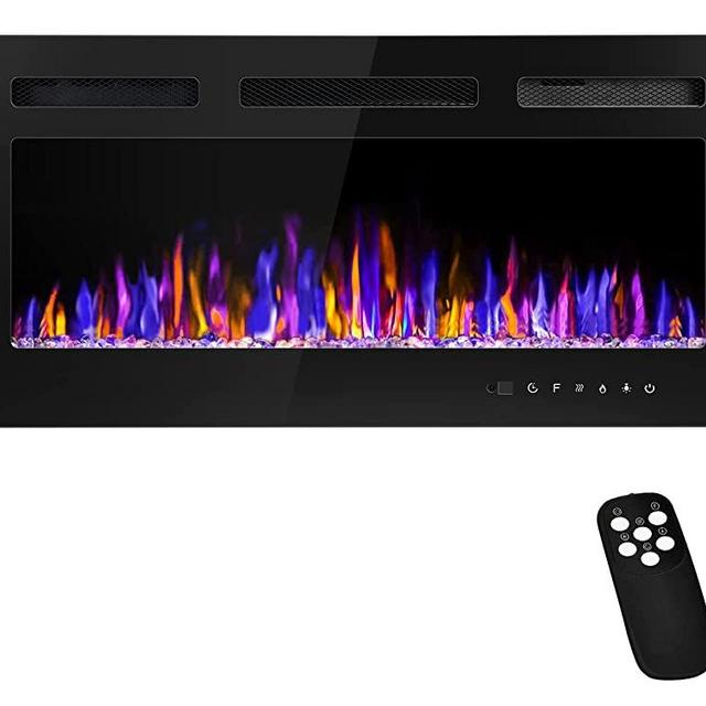 BETELNUT 36" Electric Fireplace Wall Mounted and Recessed with Remote Control, 750/1500W Ultra-Thin Wall Fireplace Heater W/ Timer Adjustable Flame Color and Brightness, Log Set & Crystal Options