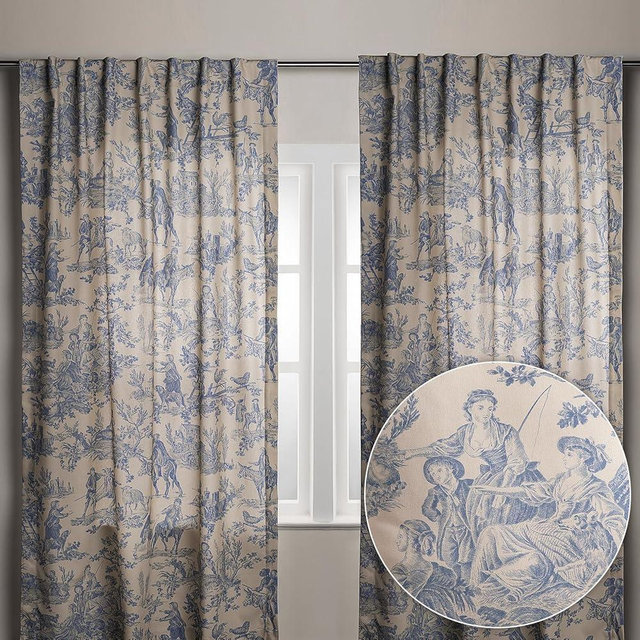 Maison d' Hermine Curtains for Living Room 100% Cotton 124 inch Length Two Panels Light Filtering Toile Curtains for Bedroom Windows with Rod and Loop Pockets Drapes (The Miller Blue, 50" W x 124" L)