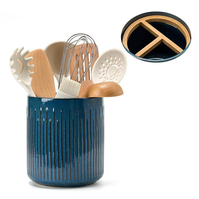 JIEMEI HOME Kitchen Utensil Holder, 7.2" Large Ceramic Stable Utensil Crock for Kitchen Counter, Utensil Holder with Cork Mat, Removable Bamboo Divider for Easy, Kitchen Decor, Blue