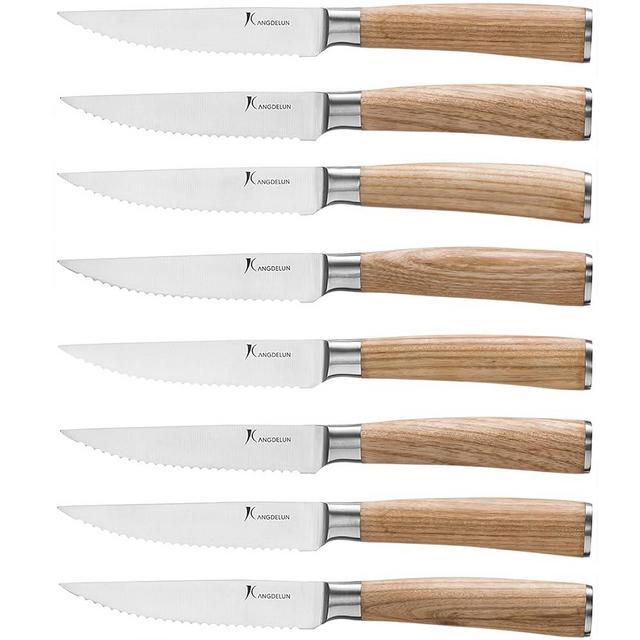 kangdelun Natura Series 4.5” Serrated Steak Knife Set of 8, High Carbon Stainless Steel, Yellow Wooden Handle