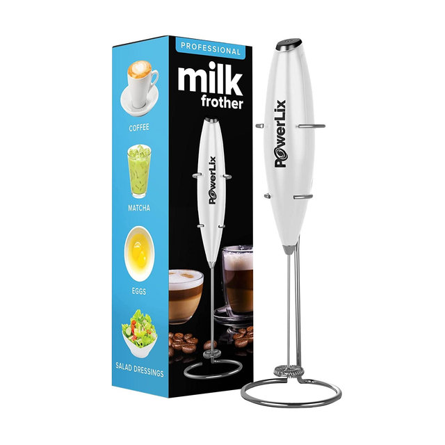 PowerLix Milk Frother Handheld Battery Operated Electric Whisk Foam Maker For Coffee With Stainless Steel Stand Included - Snow White